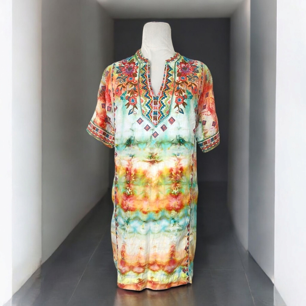 Johnny Was Tie Dye Linen Tunic Floral Embroidery Womens Size M Short Sleeve